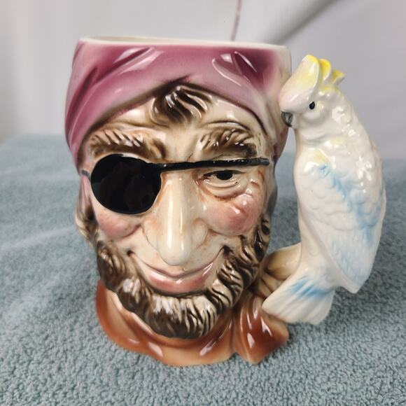 Vintage One Eyed Pirate Buccaneer Toby Style Mug With Parrot‎ Handle Japan - Picture 1 of 9